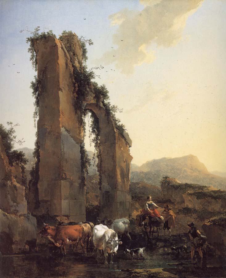 Peasants with Four Oxen and a Goat at a Ford by a Ruined Aqueduct
